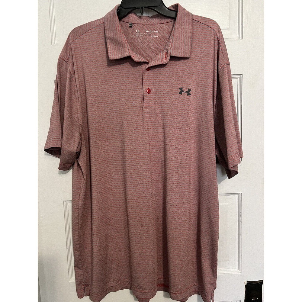 UNDER ARMOUR Mens Polo Shirt Red Gray Stripe HeatGear Golf Loose sz XX Large